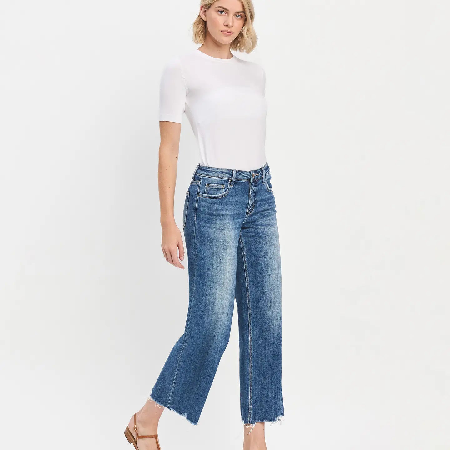 Mid Rise Raw Hem Wide Leg