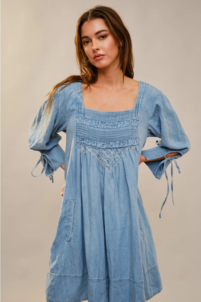 chambray and lace dress Honey Sunset Chambray Lace Trim Mini Dress  VICI