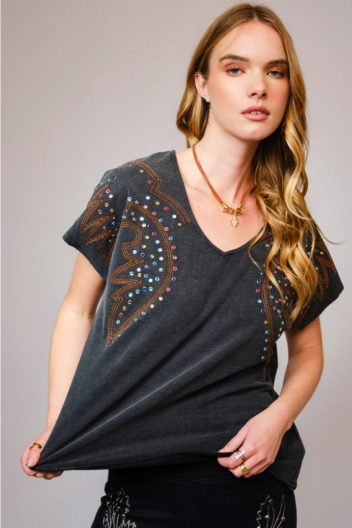 Embroidered Studded T Shirt