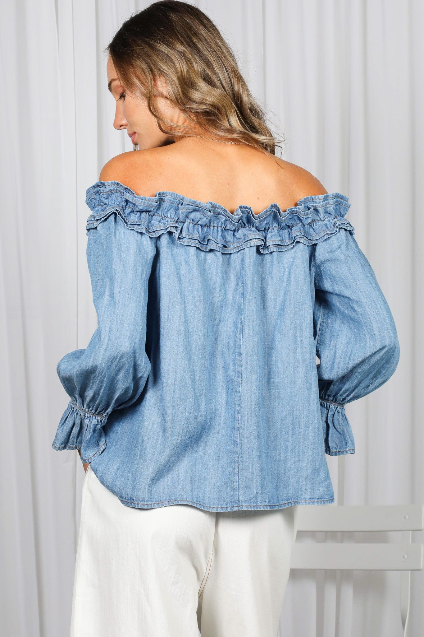 Off-The-Shoulder Chambray Blouse