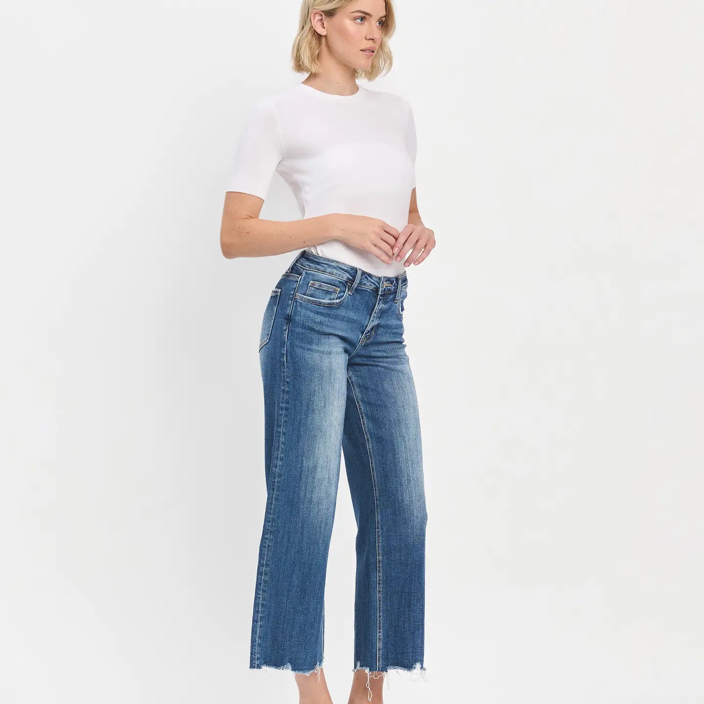 Mid Rise Raw Hem Wide Leg