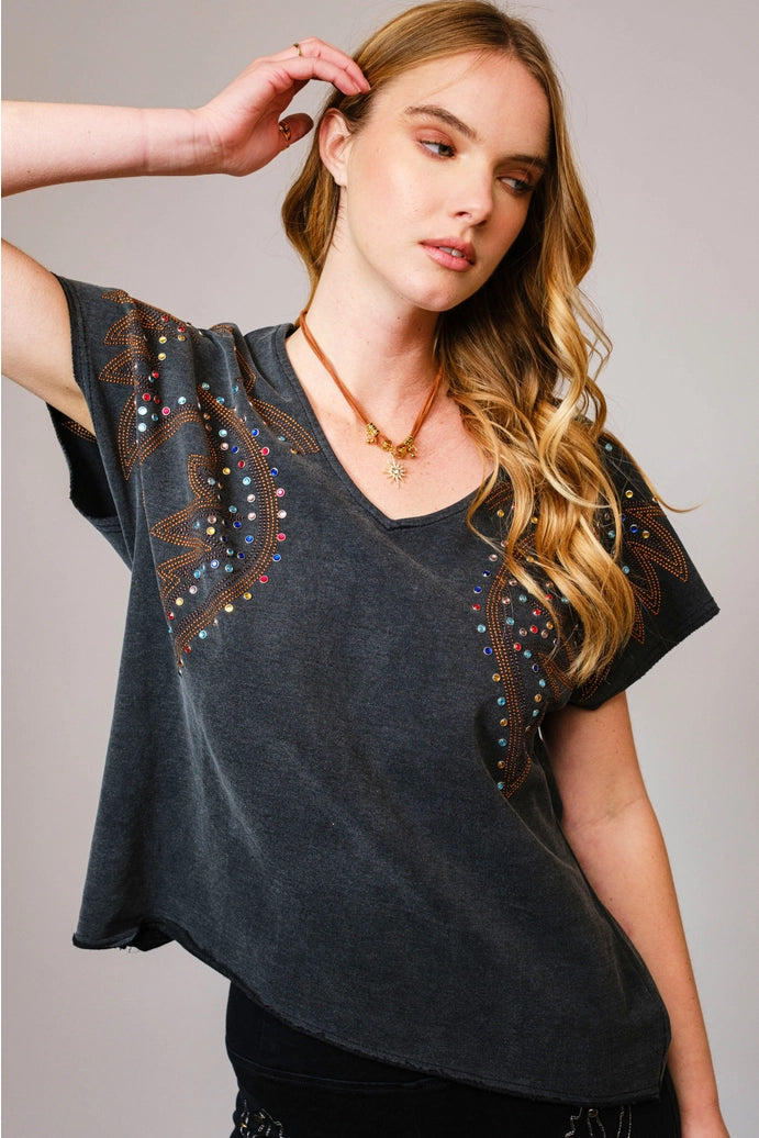 Embroidered Studded T Shirt