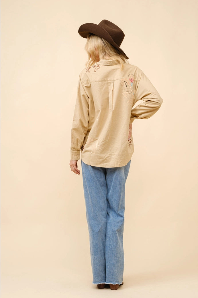 Cowgirl Motif Linen Button Up