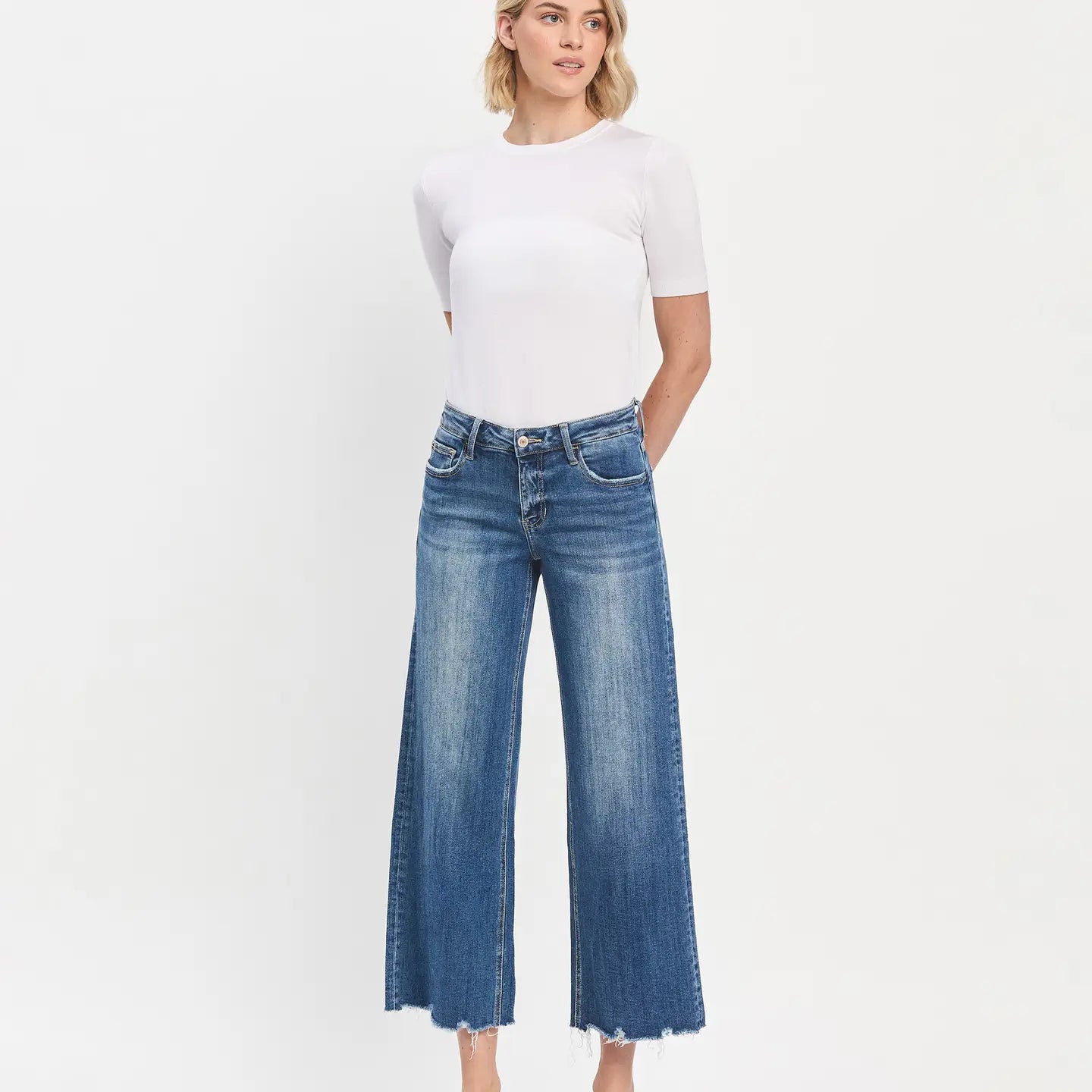 Mid Rise Raw Hem Wide Leg