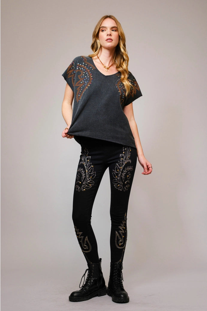 Embroidered Studded T Shirt