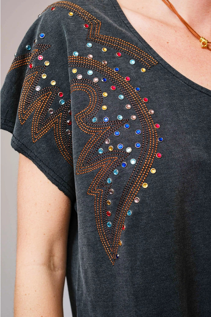 Embroidered Studded T Shirt