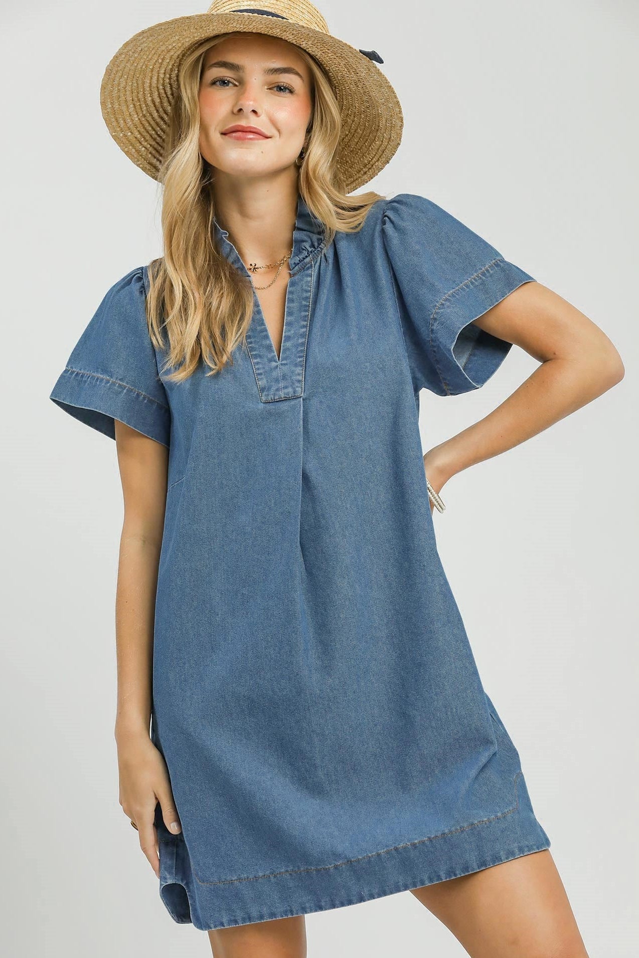 Denim Ruffle Mini Dress