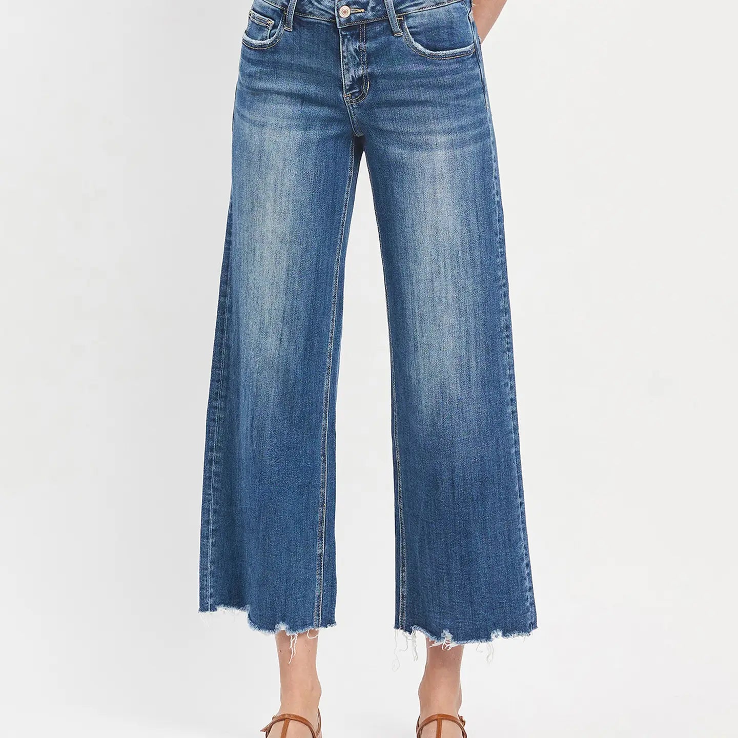 Mid Rise Raw Hem Wide Leg