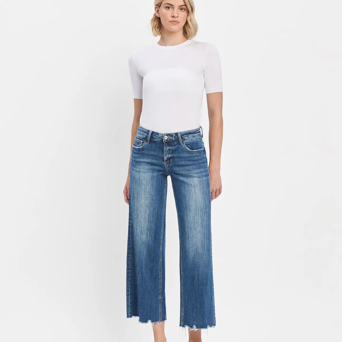 Mid Rise Raw Hem Wide Leg