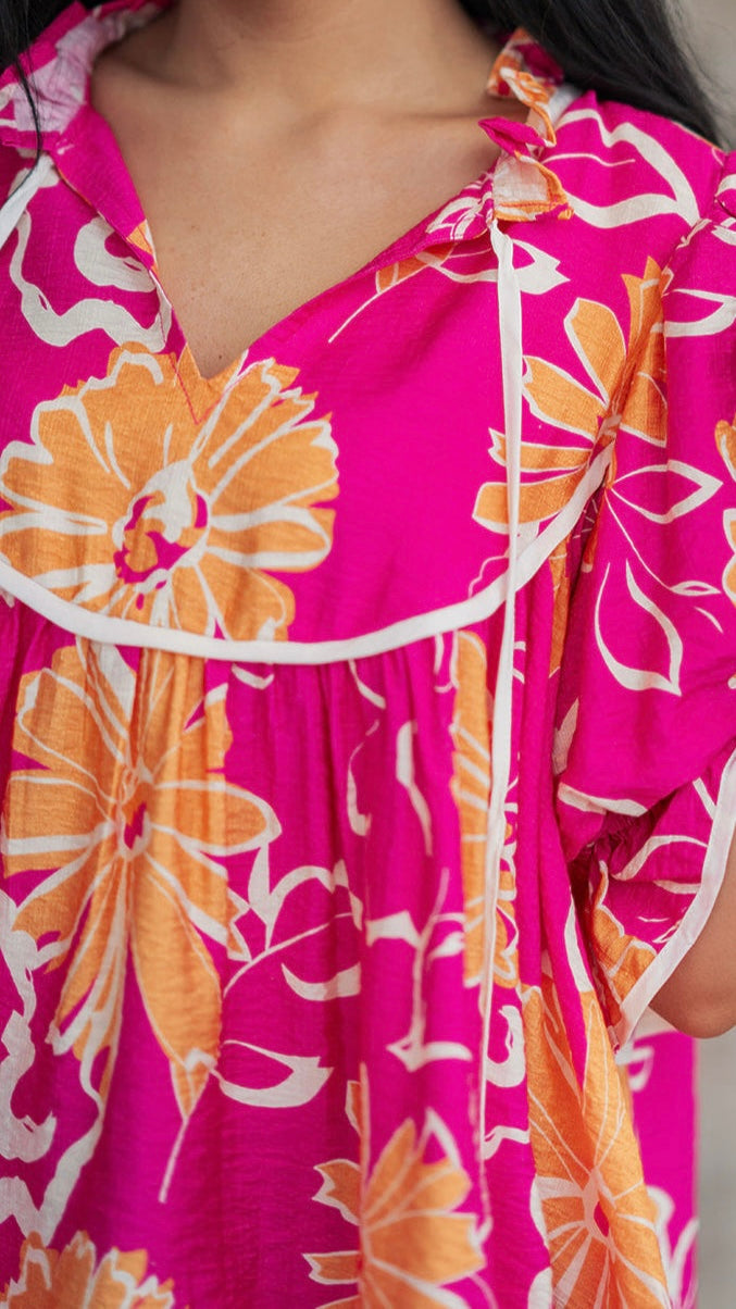 Floral Ruffle Tie Neck Blouse