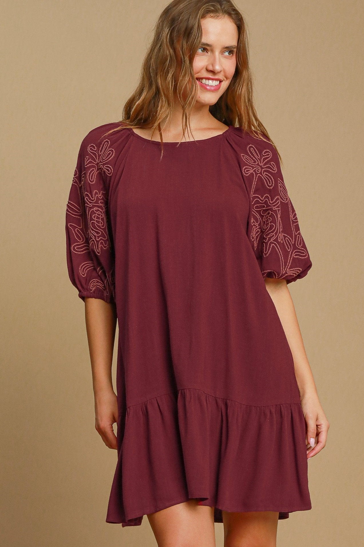 Linen Blend Embroidered Mini Dress