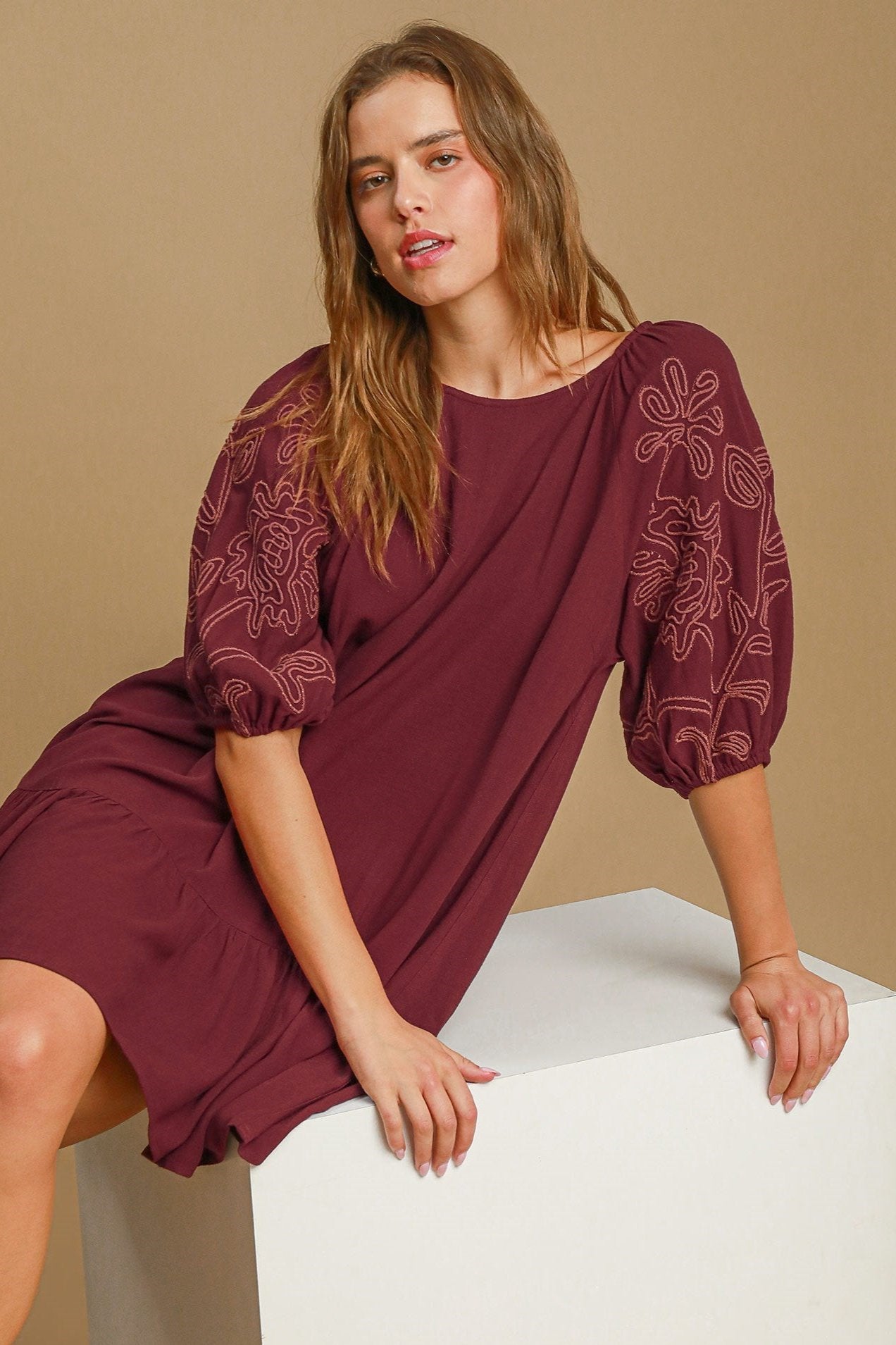 Linen Blend Embroidered Mini Dress