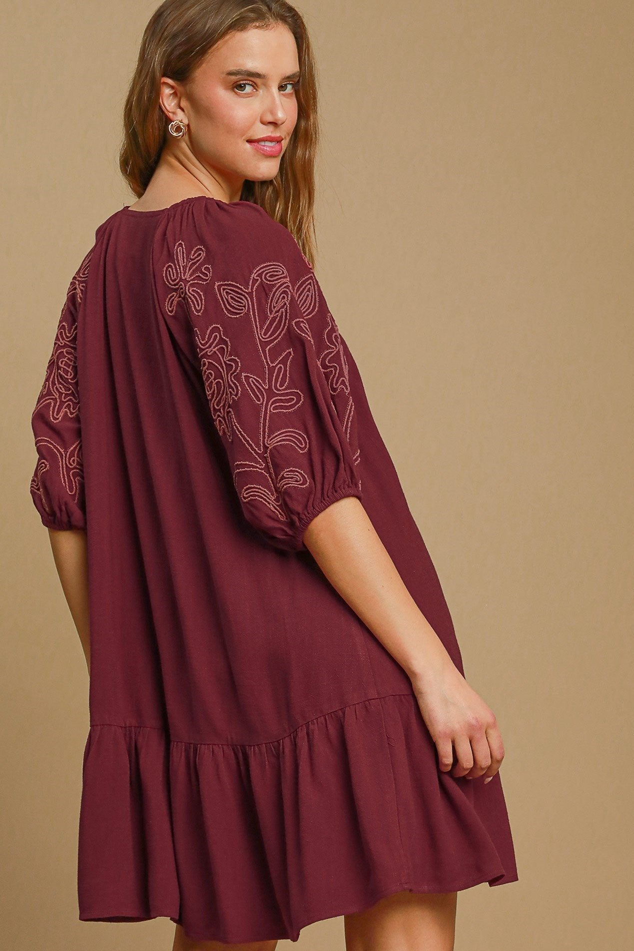 Linen Blend Embroidered Mini Dress