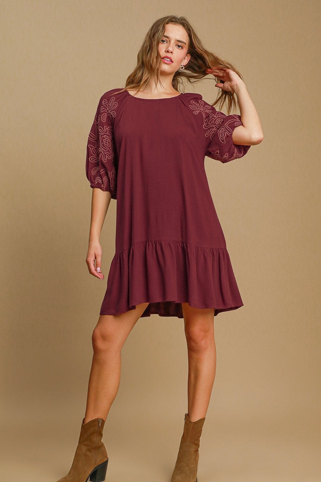 Linen Blend Embroidered Mini Dress