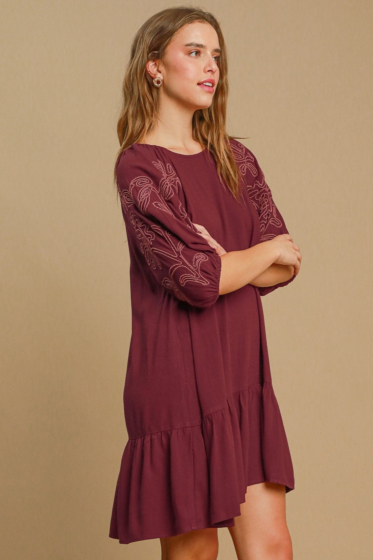 Linen Blend Embroidered Mini Dress