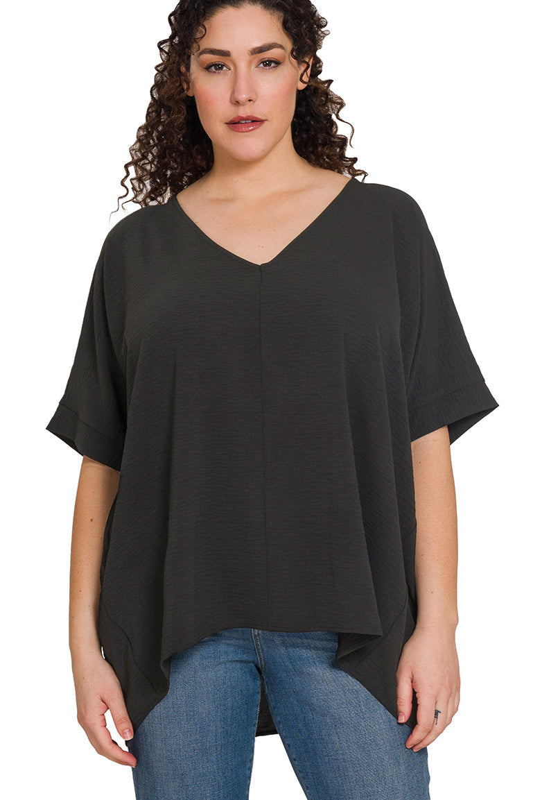 Plus Woven Airflow V-Neck Dolman Short Sleeve Top