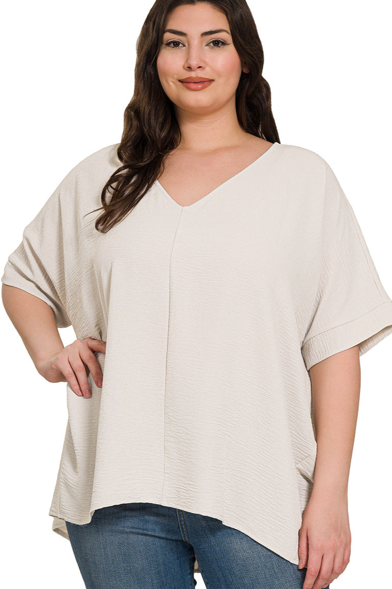 Plus Woven Airflow V-Neck Dolman Short Sleeve Top