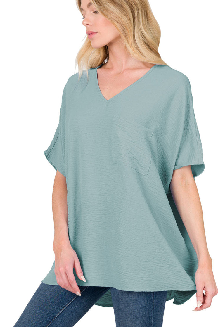 Woven Airflow V-Neck Dolman Short Sleeve Top