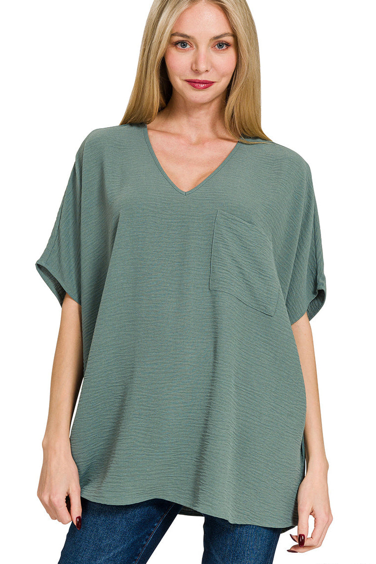 Woven Airflow V-Neck Dolman Short Sleeve Top