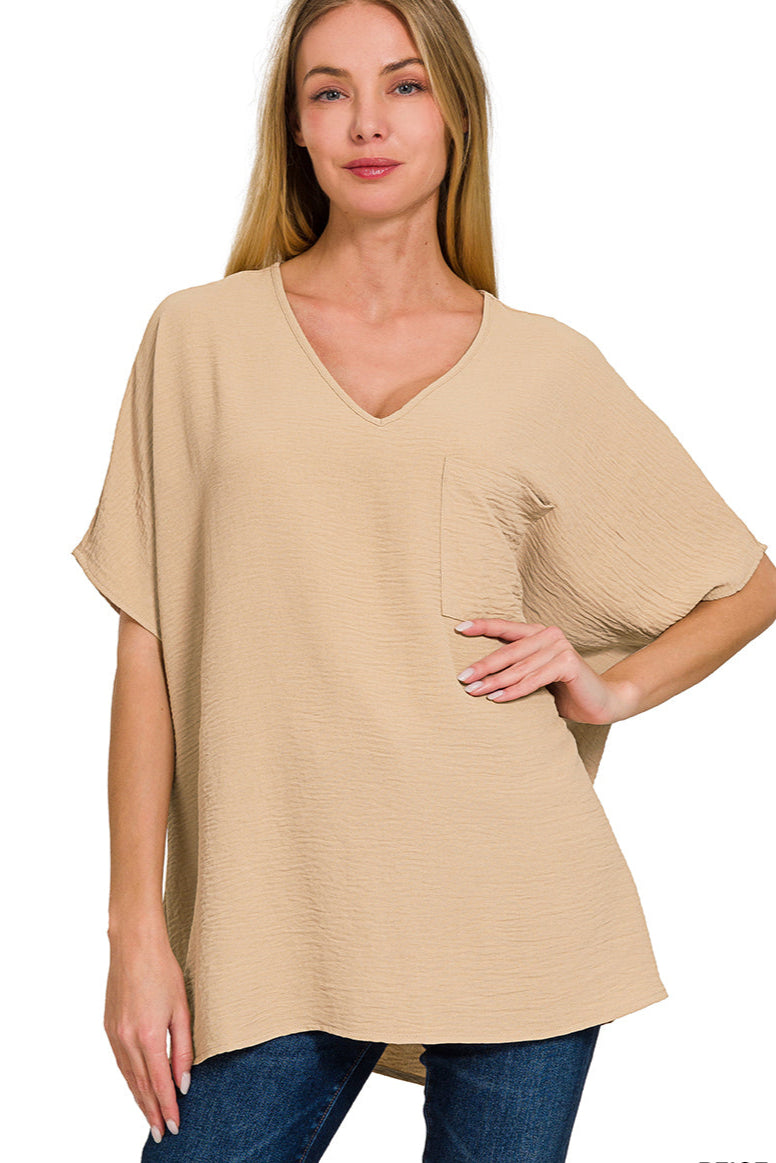 Woven Airflow V-Neck Dolman Short Sleeve Top