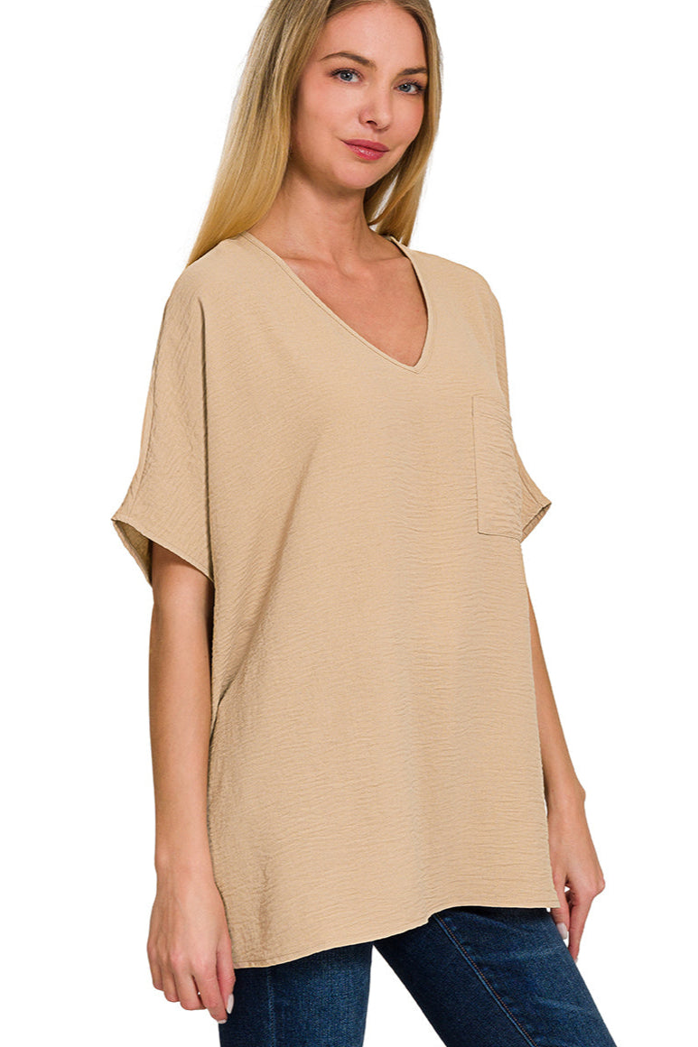 Woven Airflow V-Neck Dolman Short Sleeve Top