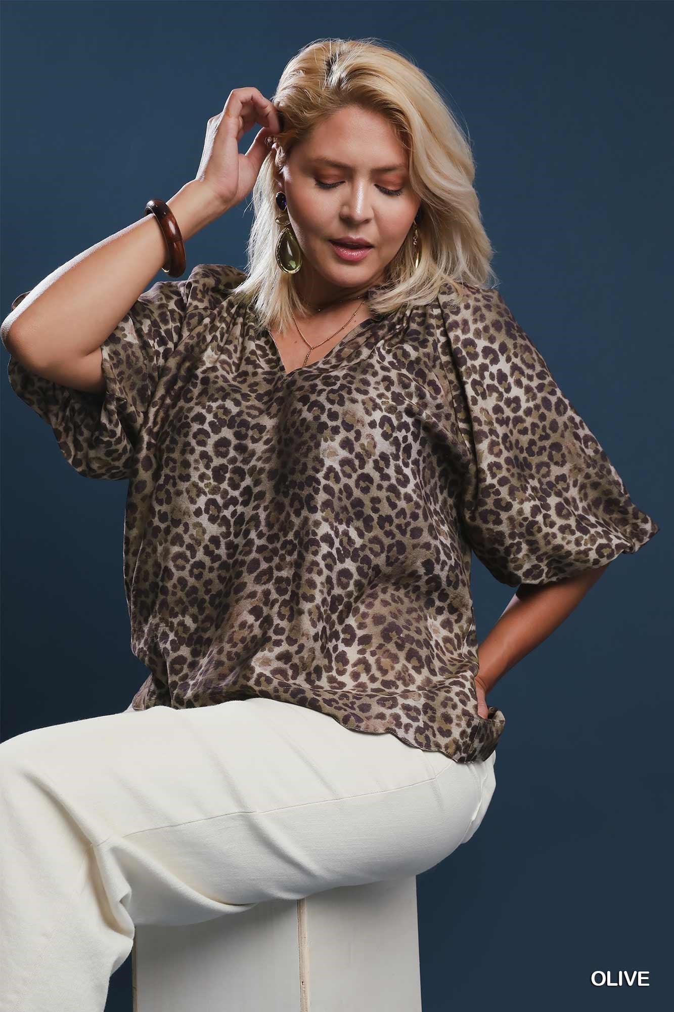 Leopard Scallop Hem Blouse