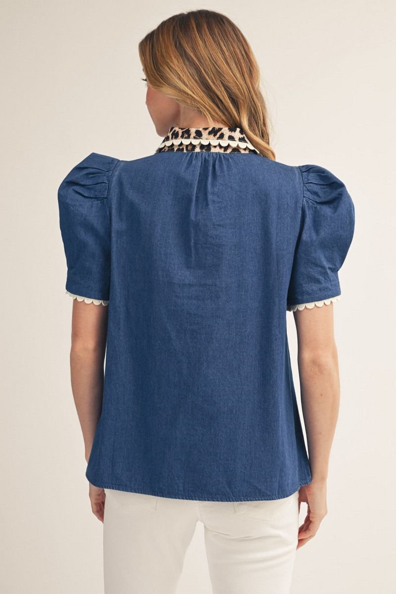 Leopard Trim Denim Top