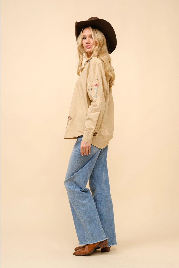 Cowgirl Motif Linen Button Up