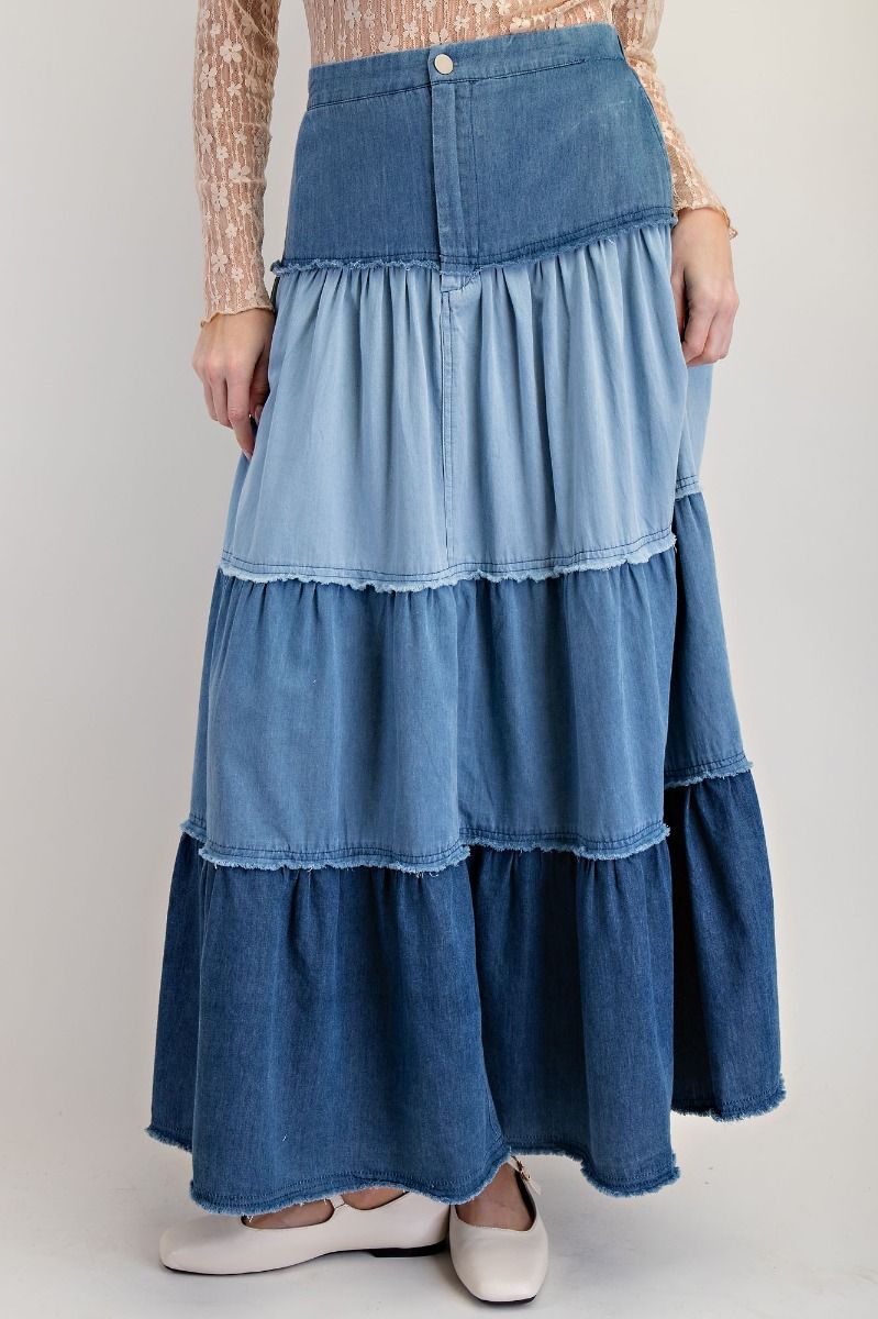 Tiered Denim Maxi Skirt