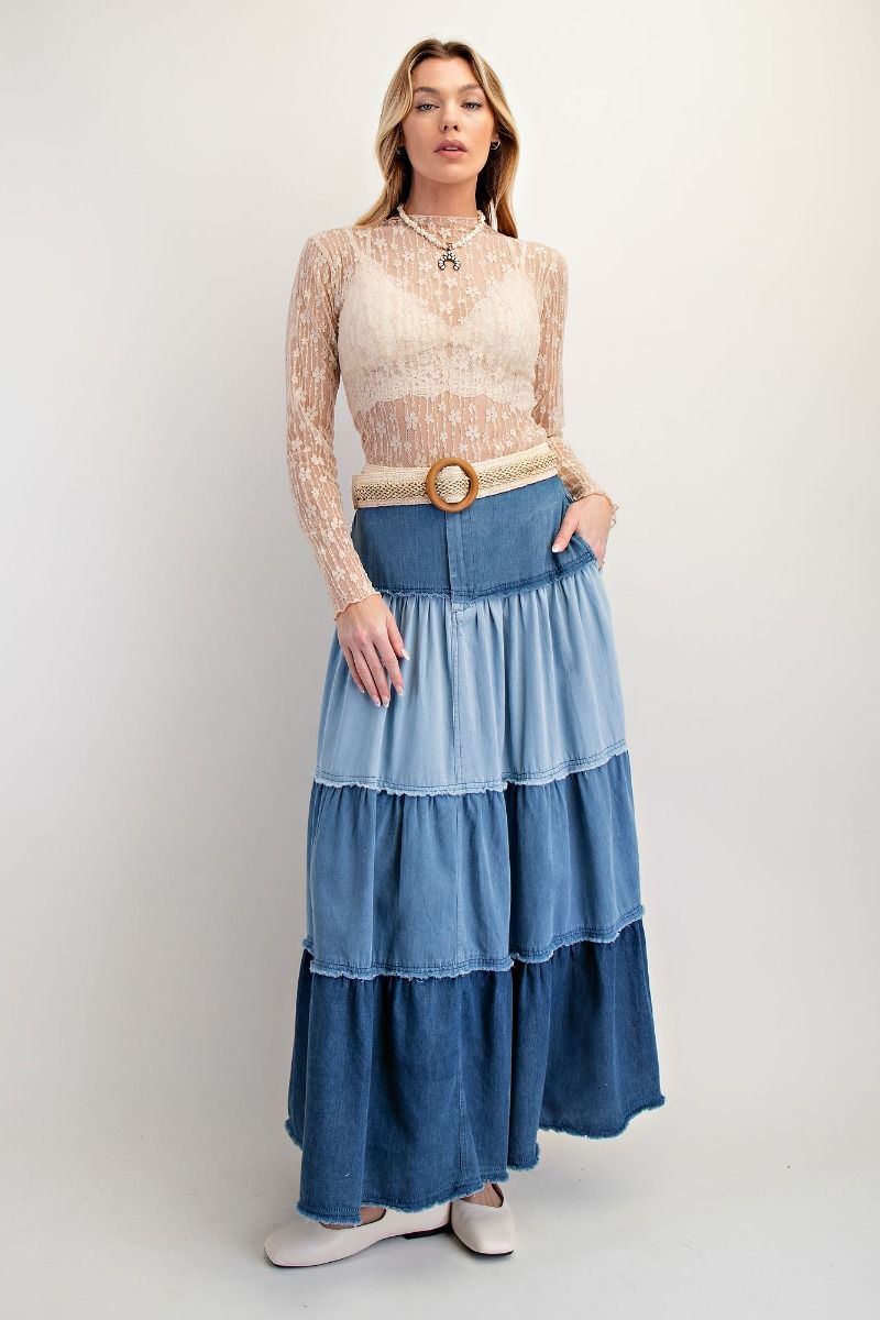 Tiered Denim Maxi Skirt