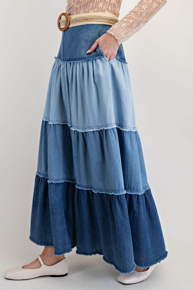 Tiered Denim Maxi Skirt