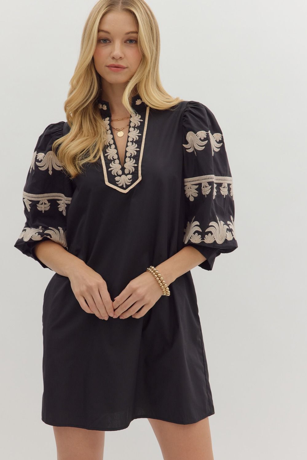 Embroidered Sleeve Mini Dress Black / Large Embroidered Sleeve Mini Dress Black / Large