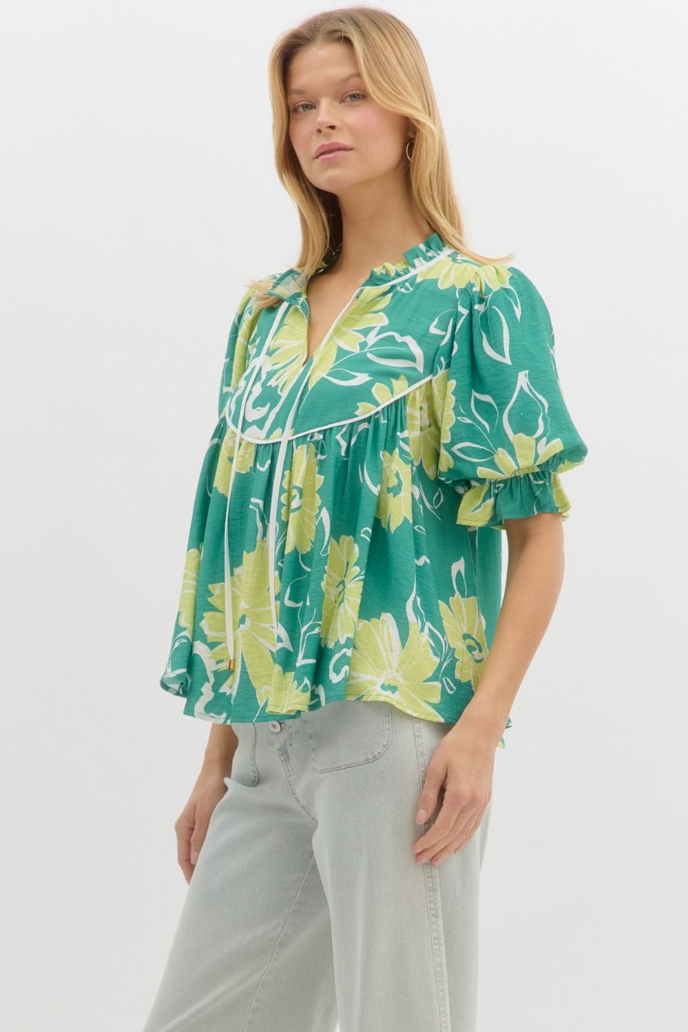 Floral Ruffle Tie Neck Blouse