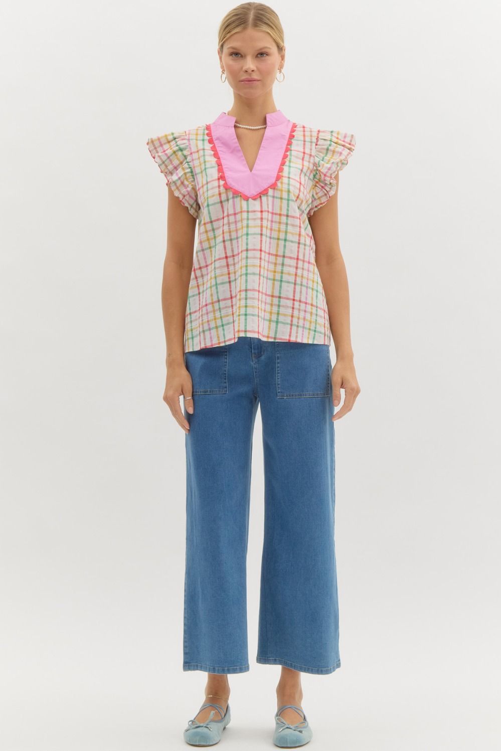 Checkered Ruffle V-Neck Top