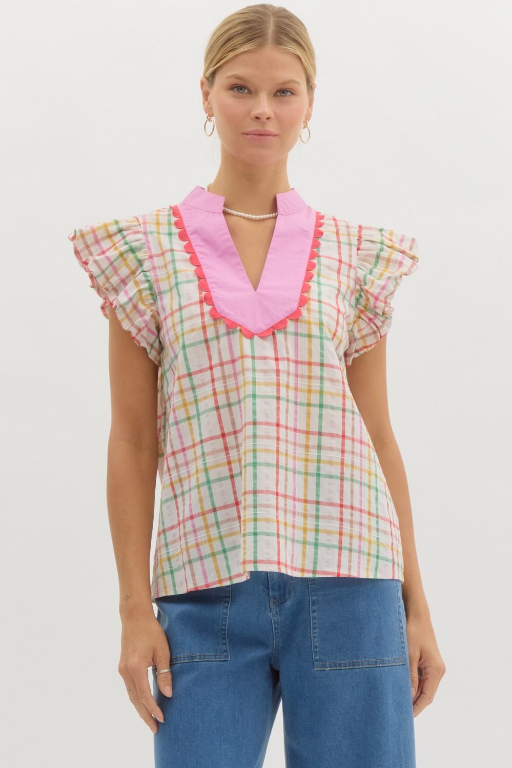 Checkered Ruffle V-Neck Top
