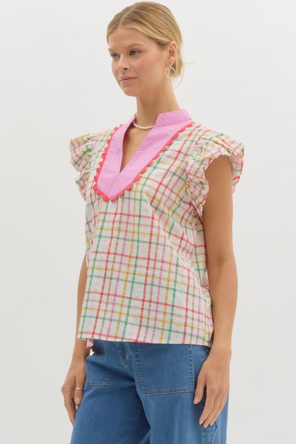 Checkered Ruffle V-Neck Top