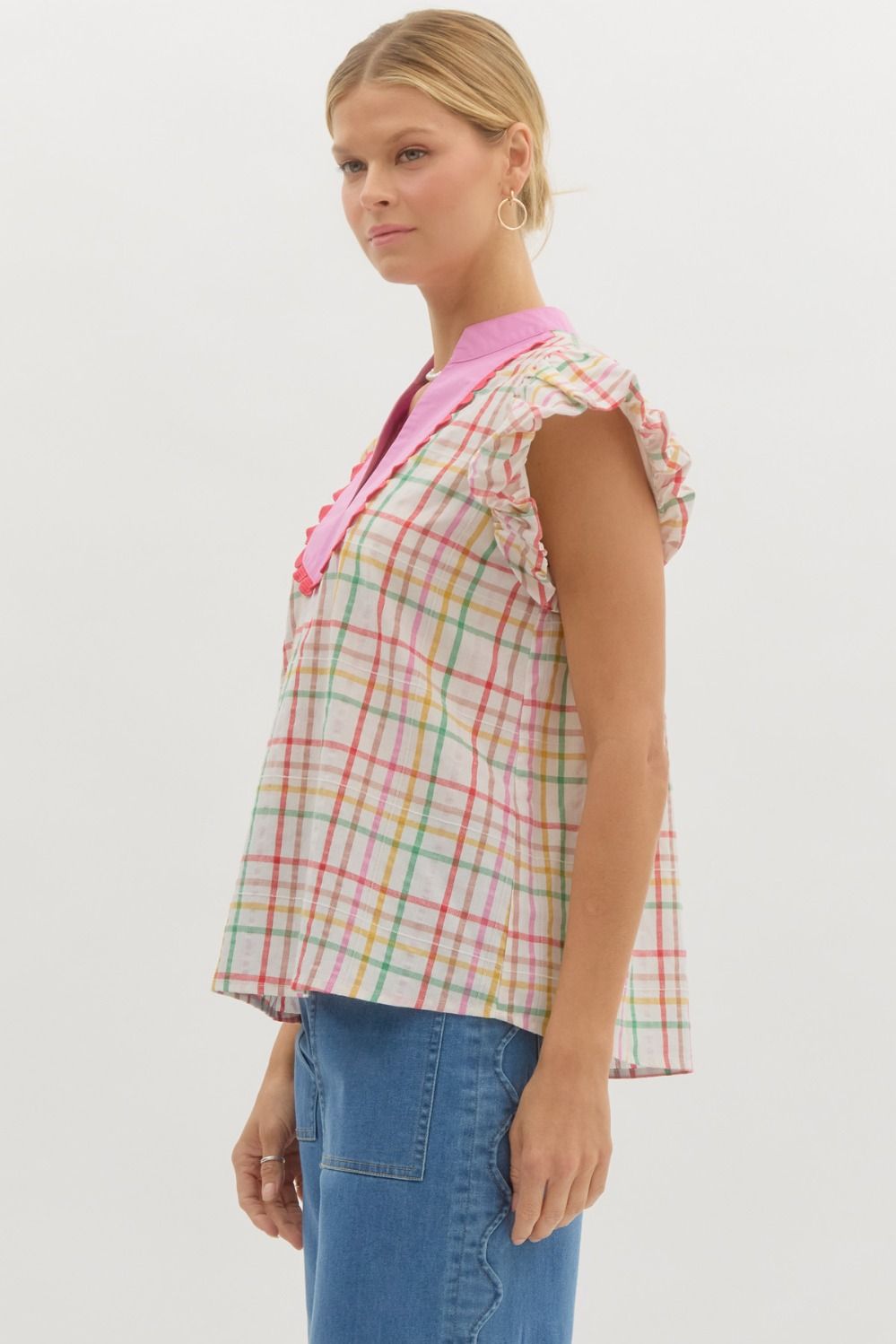 Checkered Ruffle V-Neck Top