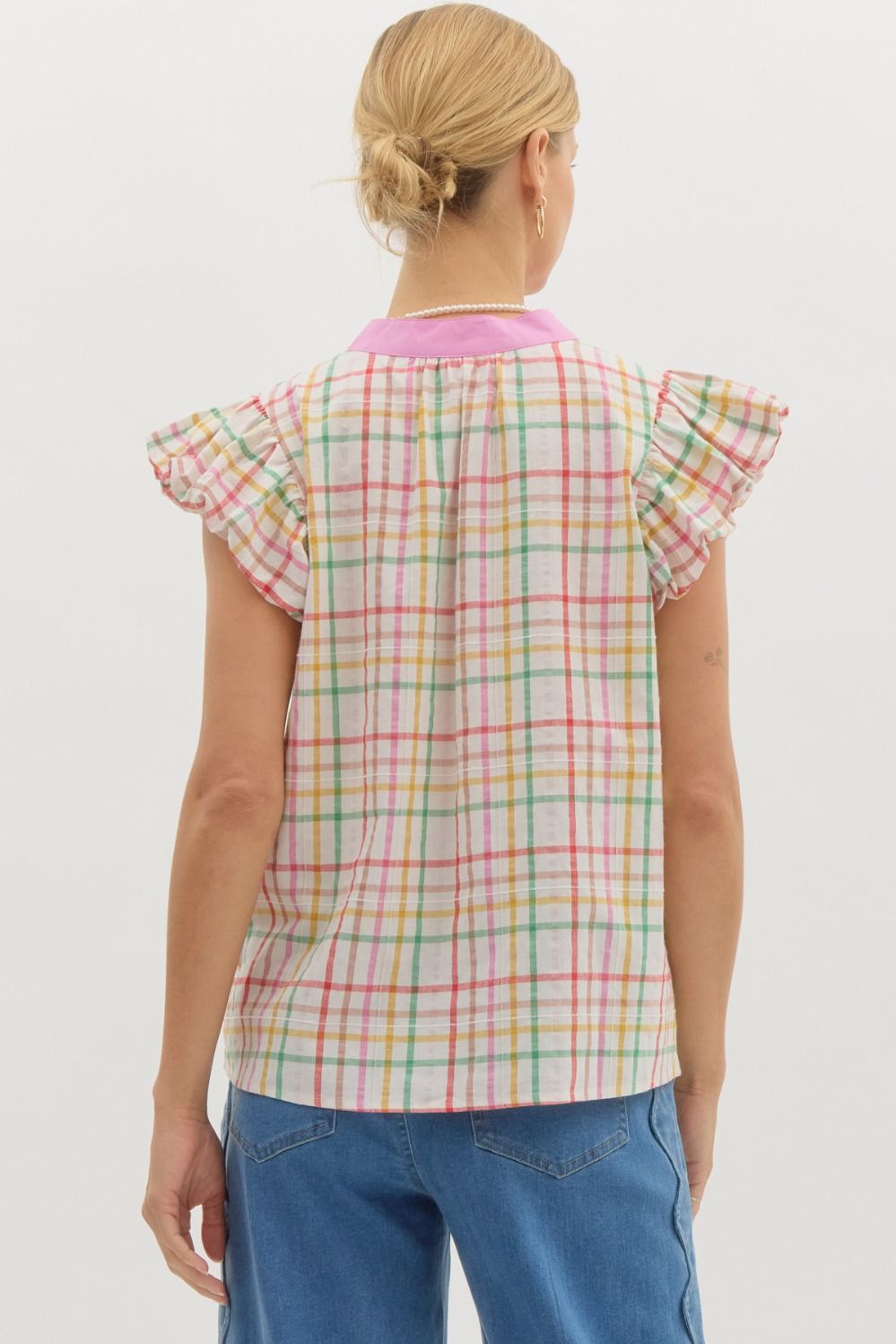 Checkered Ruffle V-Neck Top