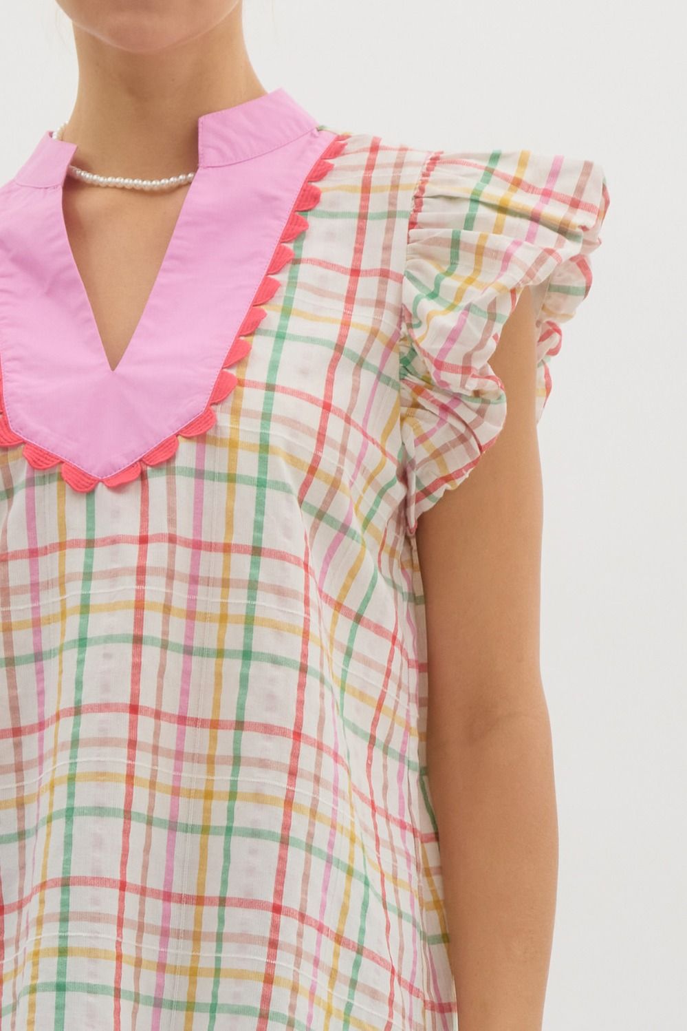 Checkered Ruffle V-Neck Top