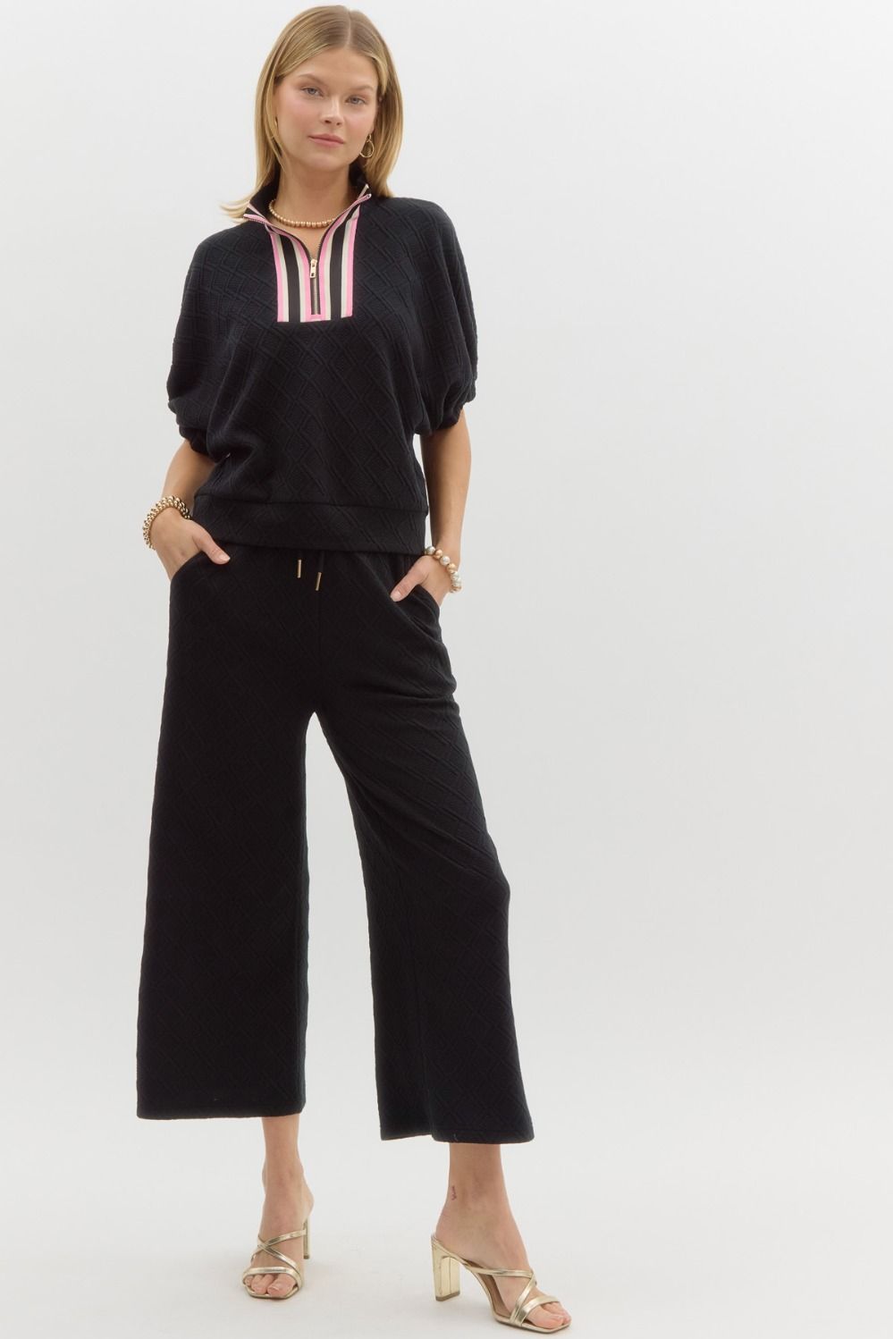 Embossed Half Zip Dolman Top