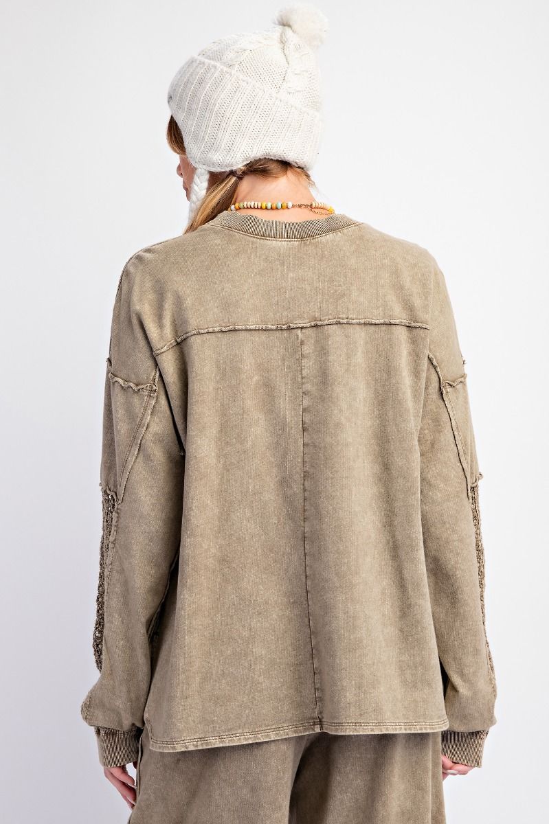 Crochet Detailed Washed Terry Knit Top