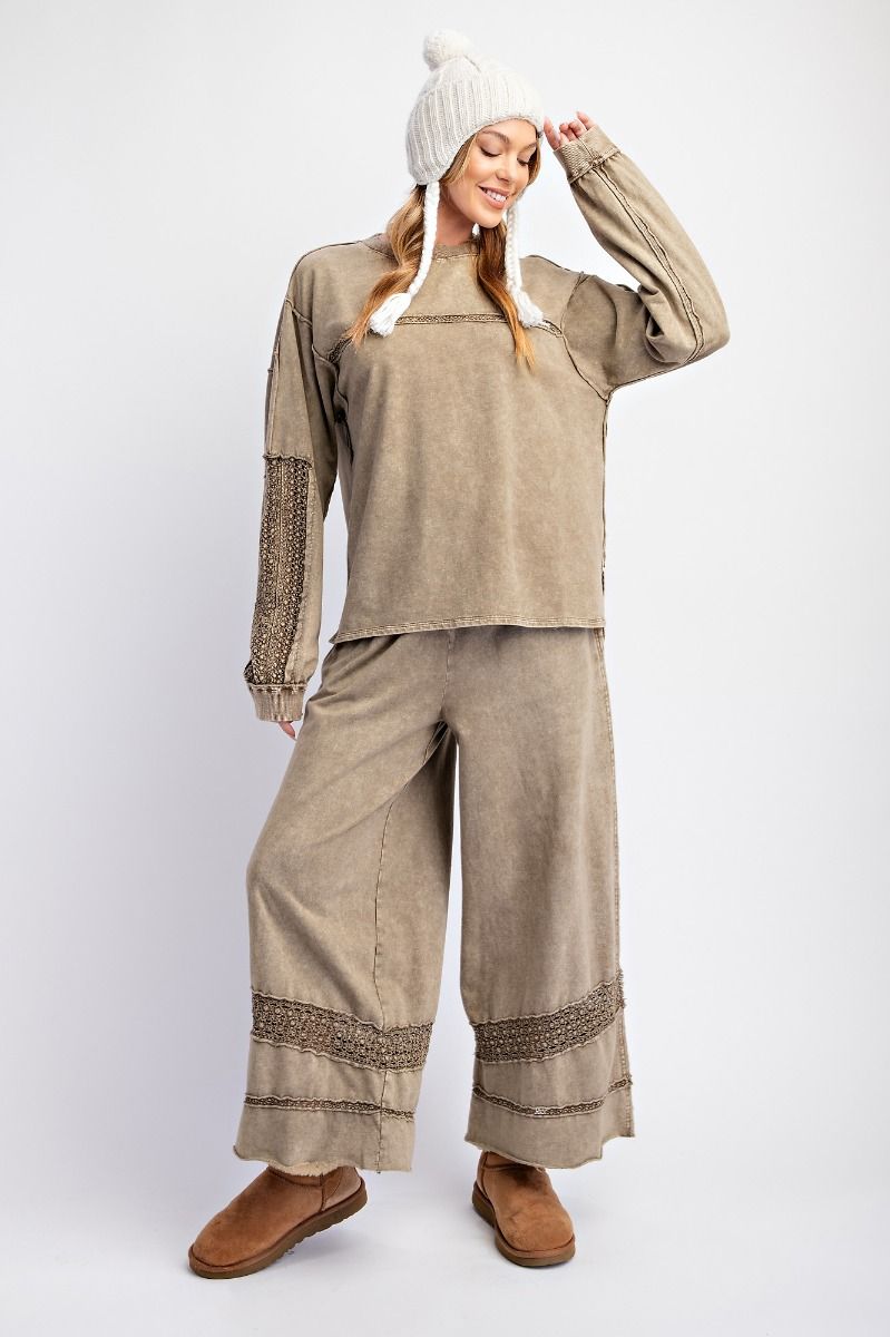 Crochet Tape Detailed Terry Knit Pants
