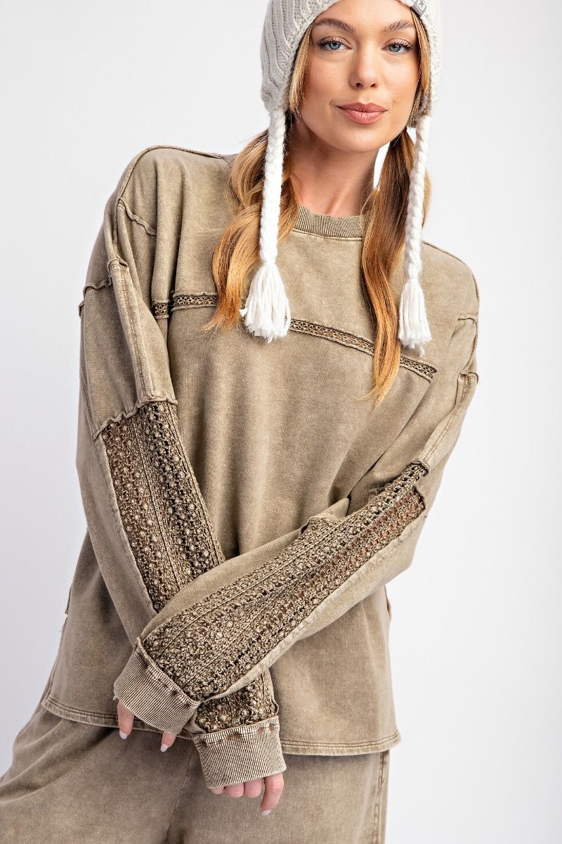 Crochet Detailed Washed Terry Knit Top