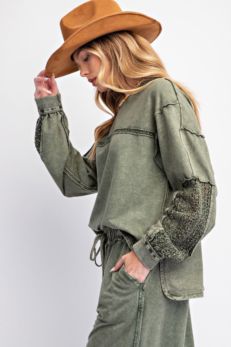 Crochet Detailed Washed Terry Knit Top