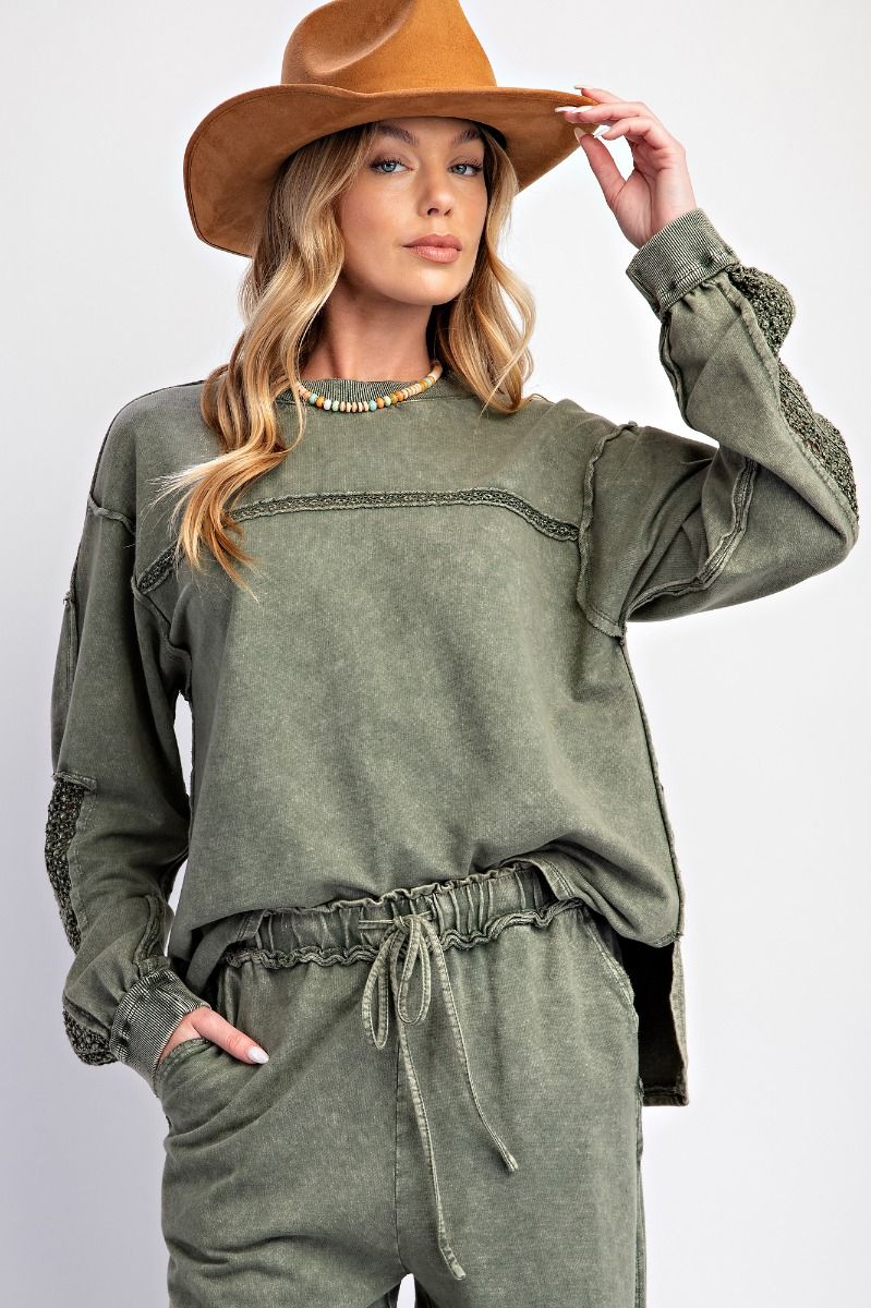 Crochet Detailed Washed Terry Knit Top