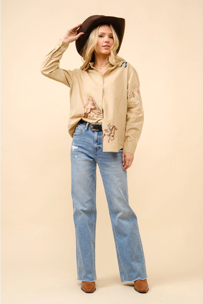 Cowgirl Motif Linen Button Up