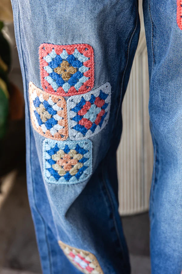 Washed Crochet Square Denim Jeans