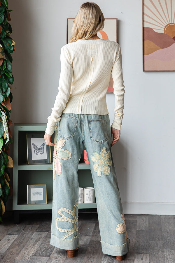 Washed Flower Patchwork Straight Denim Jeans