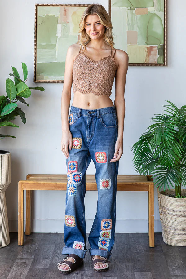 Washed Crochet Square Denim Jeans