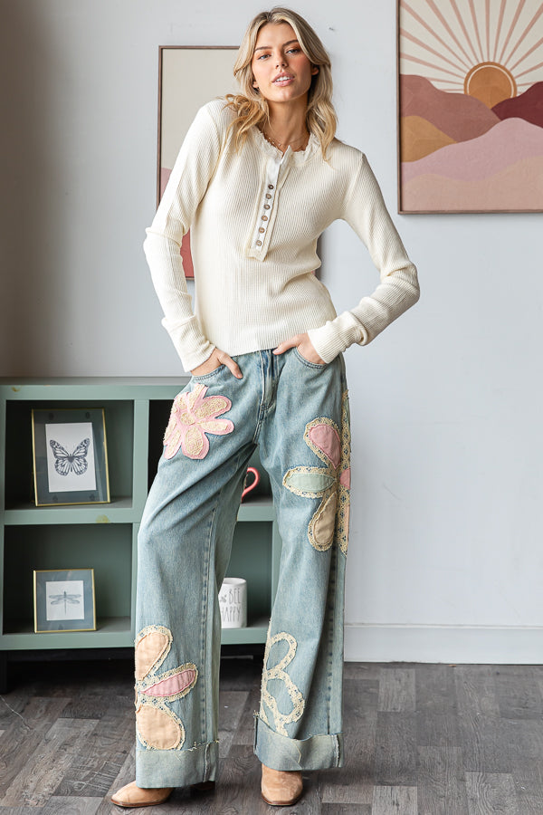 Washed Flower Patchwork Straight Denim Jeans